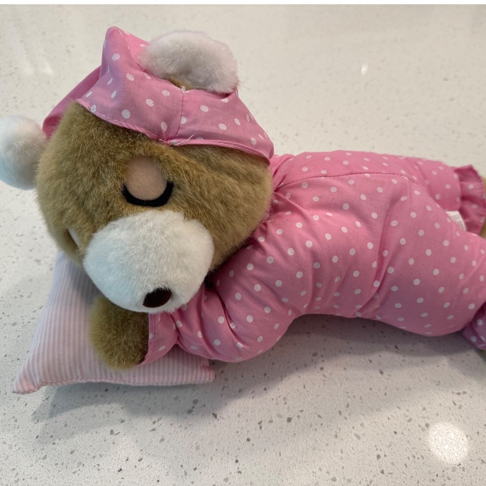Toy Wonders Sleeping Teddy Bear Plush Kids Pink Excellent Polka Dot Pajamas VTG